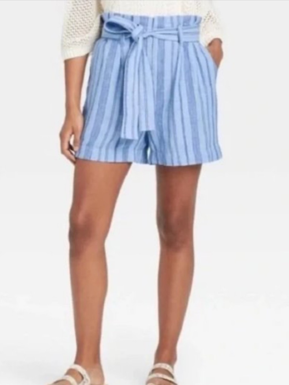 A New Day Striped Paperbag Shorts Women Medium Blue